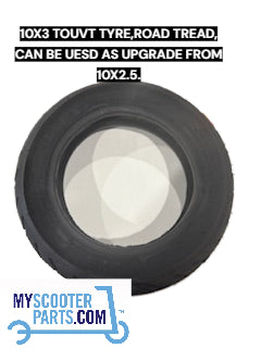 Scooter tyre with text indicating size and upgrade potential from 10x2.5, brand 'myscooterparts.com' visible.
