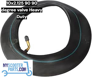 Black inner tube with valve for scooter, labeled '10x2125 90 90 degree valve Heavy Duty', on a white background.