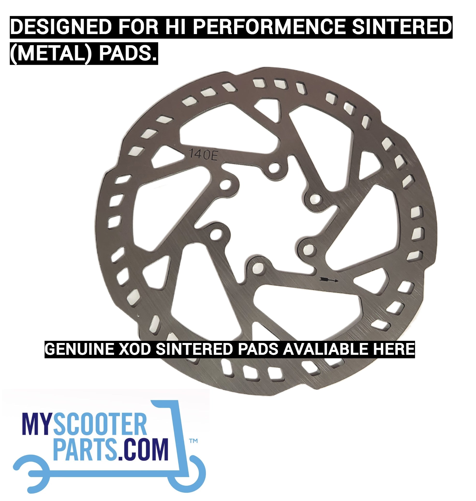 140 mm high-performance brake disc for e-bikes with sintered brake pads" or "electric scooter brake disc compatible with resin and metal brake pads Mercane, Veloz, Roadrunner, Kukirin