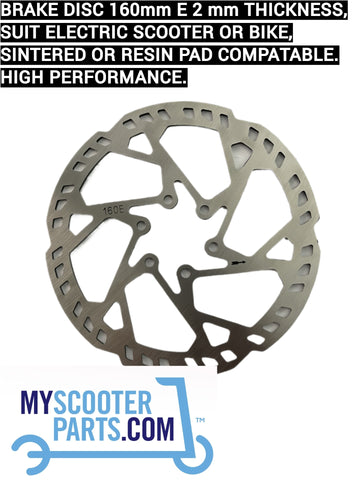 160mm stainless steel brake disc for electric scooters and e-bikes, 2mm thick, compatible with metal, resin, and organic pads."
