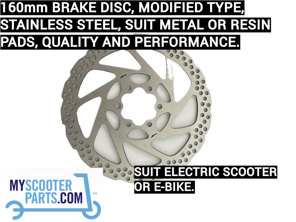 160mm stainless steel brake disc compatible with metal, resin, and organic brake pads for smooth braking.