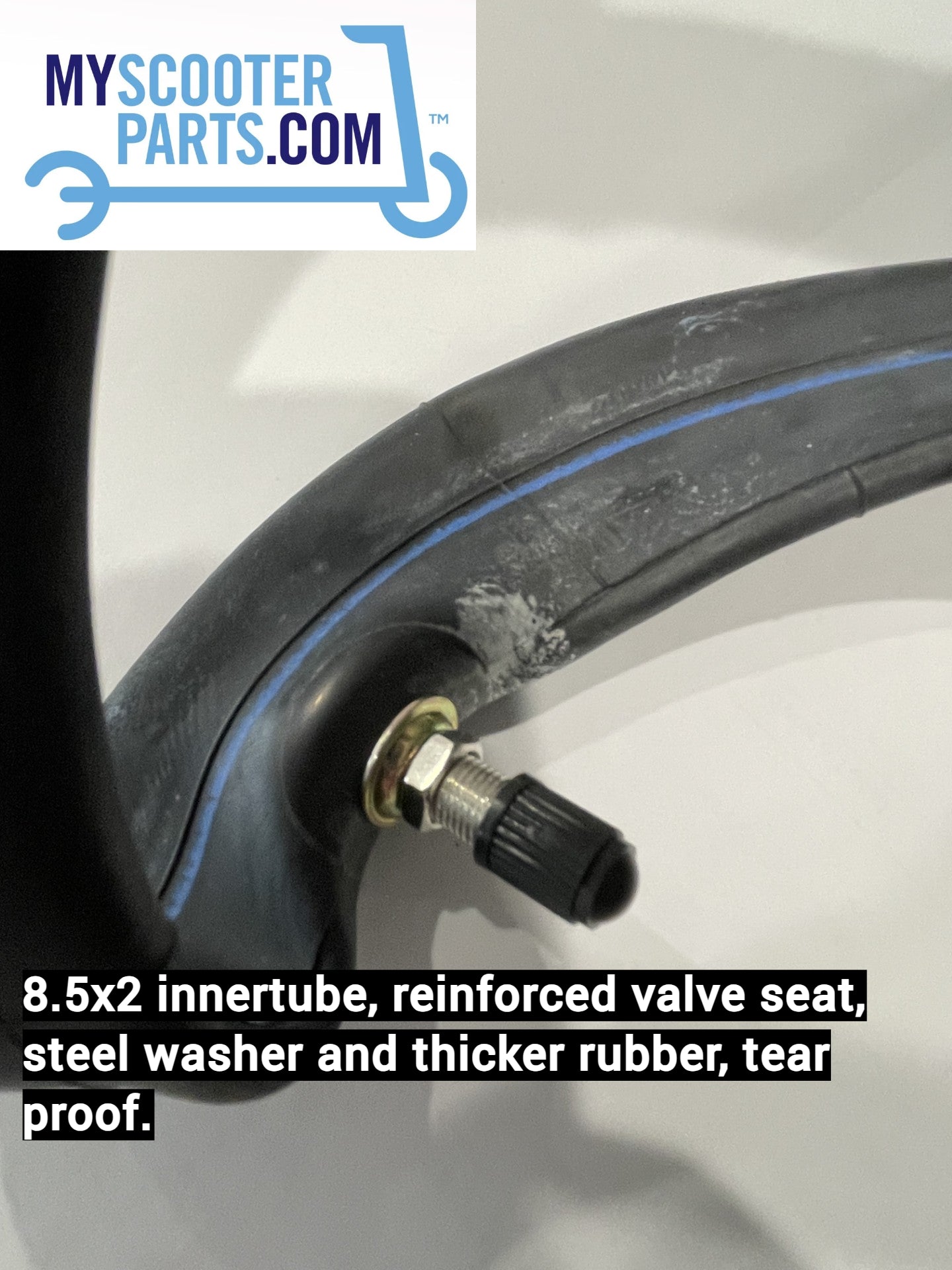8 1/2 x 2 electric scooter inner tube with straight valve, reinforced rubber, and steel washer to prevent tearing if deflated. Extra thick rubber for durability.
