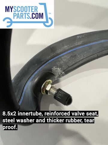 8 1/2 x 2 electric scooter inner tube with straight valve, reinforced rubber, and steel washer to prevent tearing if deflated. Extra thick rubber for durability.