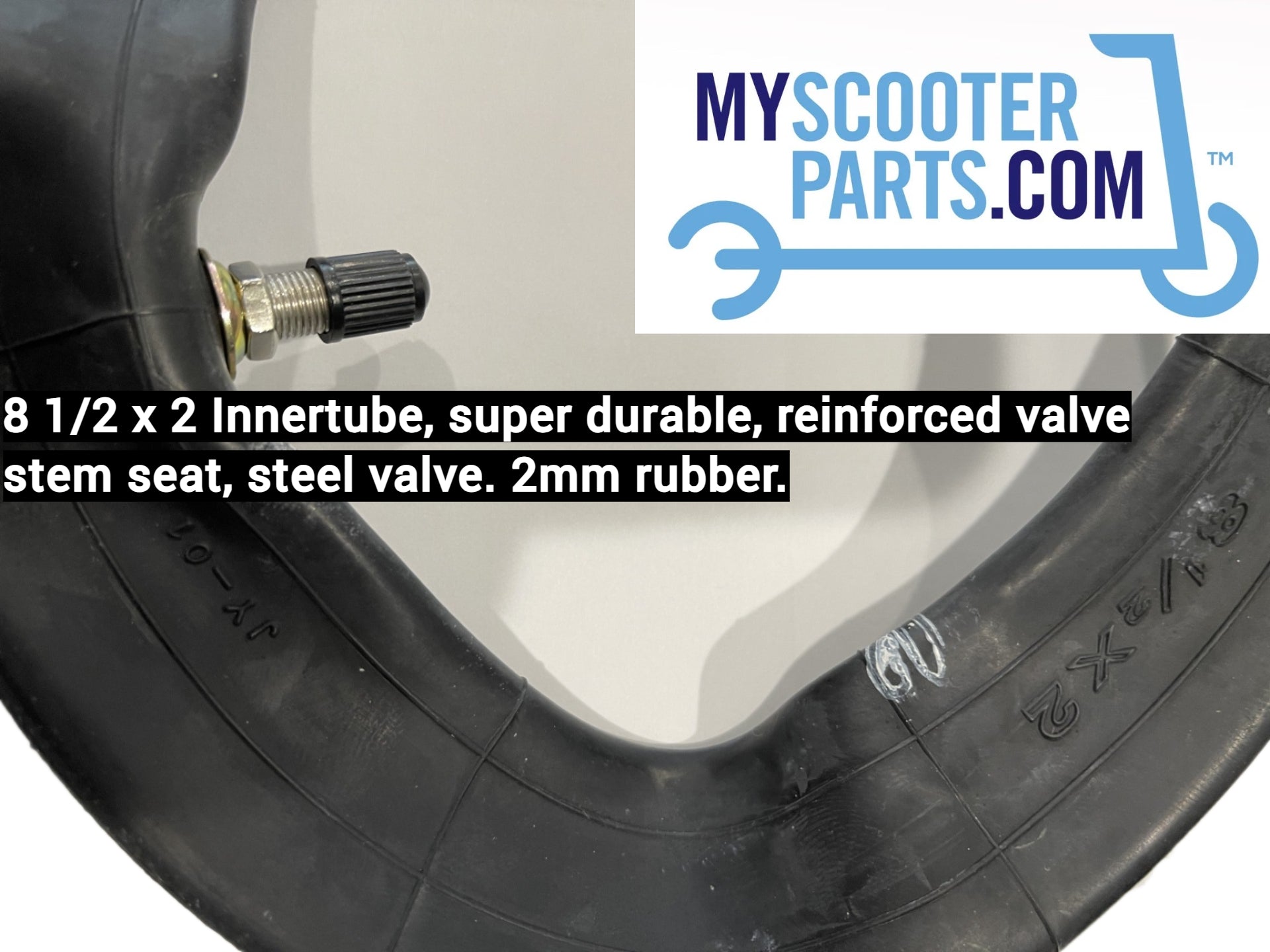 8 1/2 x 2 electric scooter inner tube with straight valve, reinforced rubber, and steel washer. 2mm thick, puncture resistant. 