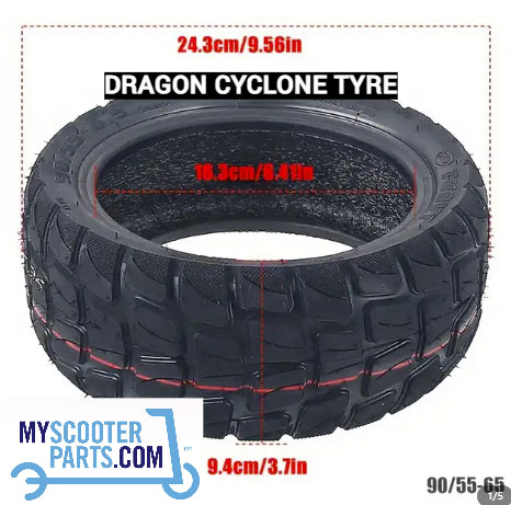 Electric scooter 90/55-6.5 tyre off road tread installed on Dragon Cyclone e-scooter