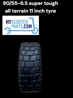11-inch all-terrain tire with text '90/55-6.5 super tough' and 'myscooterparts.com' logo on a black background.