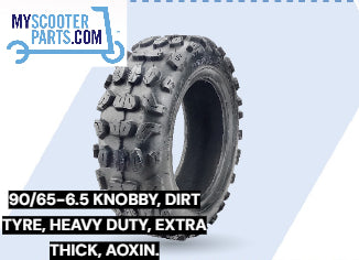 Dirt tyre with text about specifications and brand on a light blue background myscooterparts.com