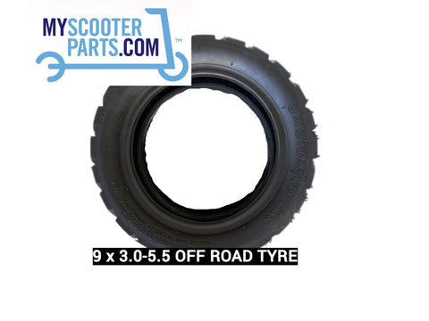  9x3.0-5.5 off-road electric scooter tire with rugged tread pattern for enhanced grip and durability on rough terrain.