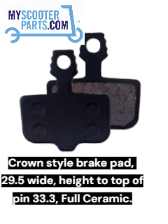 Crown style brake pad, ceramic material,  with specifications on a white background, myscooterparts.com logo