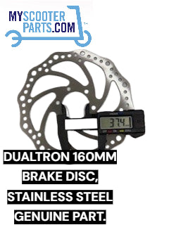 Dualtron 160mm brake disc with digital caliper on a white background, featuring MyScooterParts.com logo.
