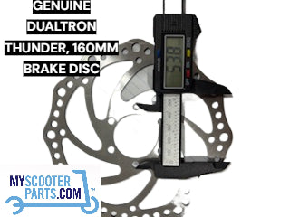 Brake disc measurement with digital caliper and 'Genuine Dualtron Thunder, 160mm Brake Disc' text.