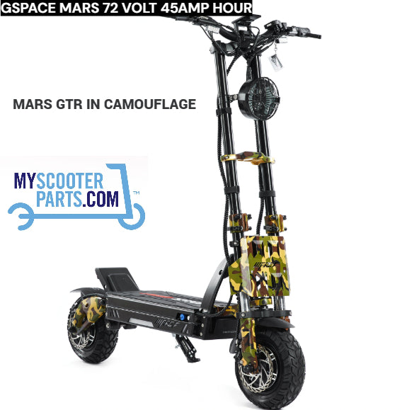 Electric scooter with camouflage design on a white background, featuring GSPACE MARS 72 VOLT 45AMP HOUR model. Available Brisbane QLD 0484 943 179 