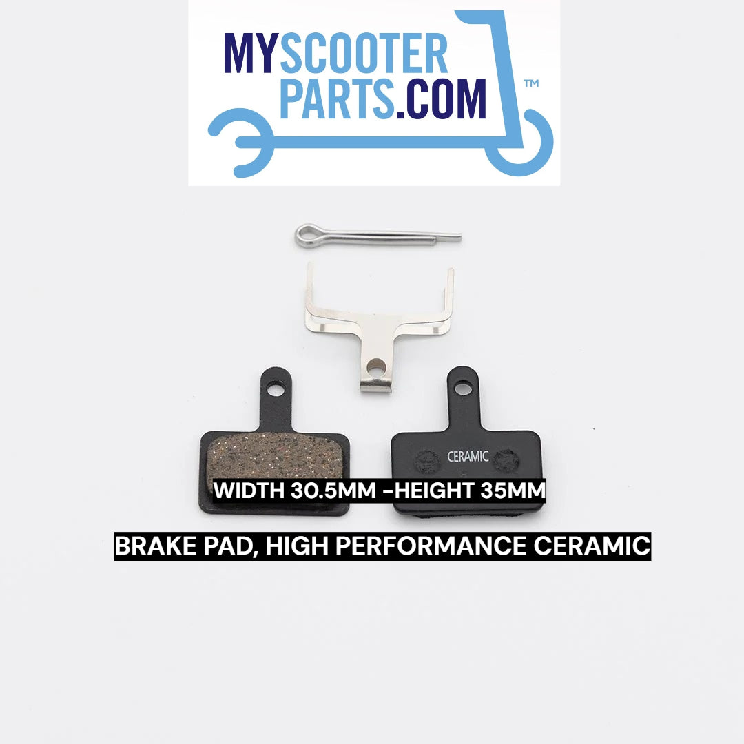 High performance ceramic brake pads with mounting hardware on a white background, branded 'MYScooterParts.com'.