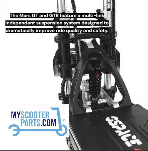 Scooter suspension system with text about Mars GT and GTR features on a white background.