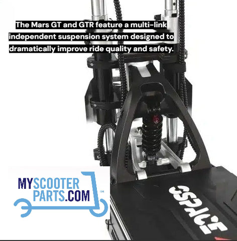 Scooter suspension system with text about Mars GT and GTR features on a white background.