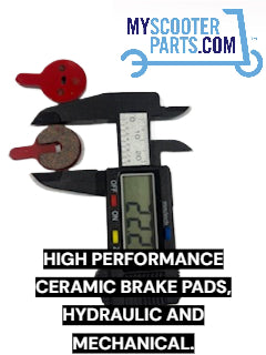 Caliper measuring ceramic brake pads with 'myscooterparts.com' branding.