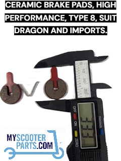 Ceramic brake pads with a digital caliper and text about high-performance brake pads for scooter parts on Myscooterparts.com.