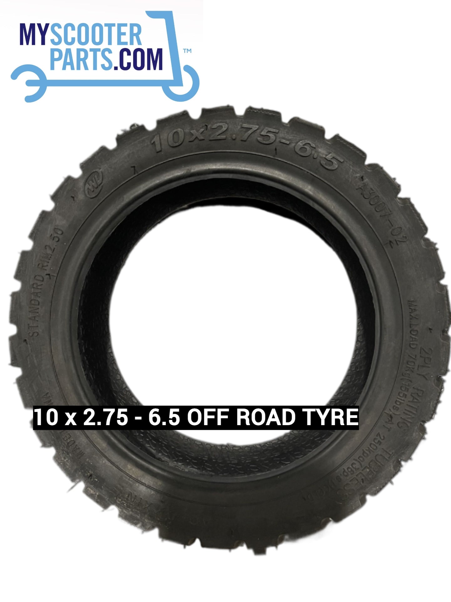 A black Aoxin electric scooter tire with the size 10x2.75-6.5 clearly visible.
