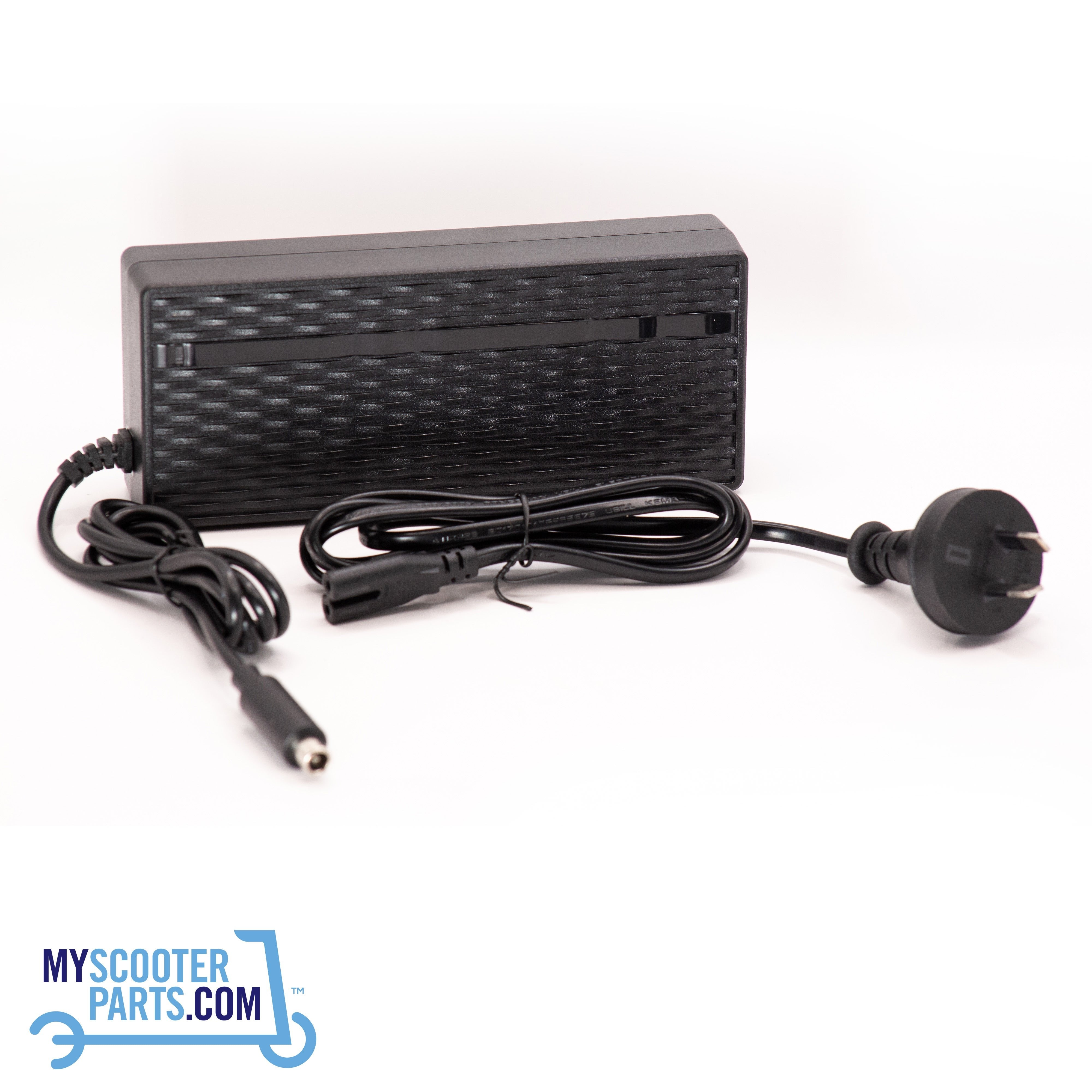 54.6V 2.0Ah barrel tip charger for 48V battery electric scooters, compatible with Mercane G2 Pro, G2 Max, Kugoo G2, Kukirin G2, and Veloz models, featuring a black design with a standard barrel connector